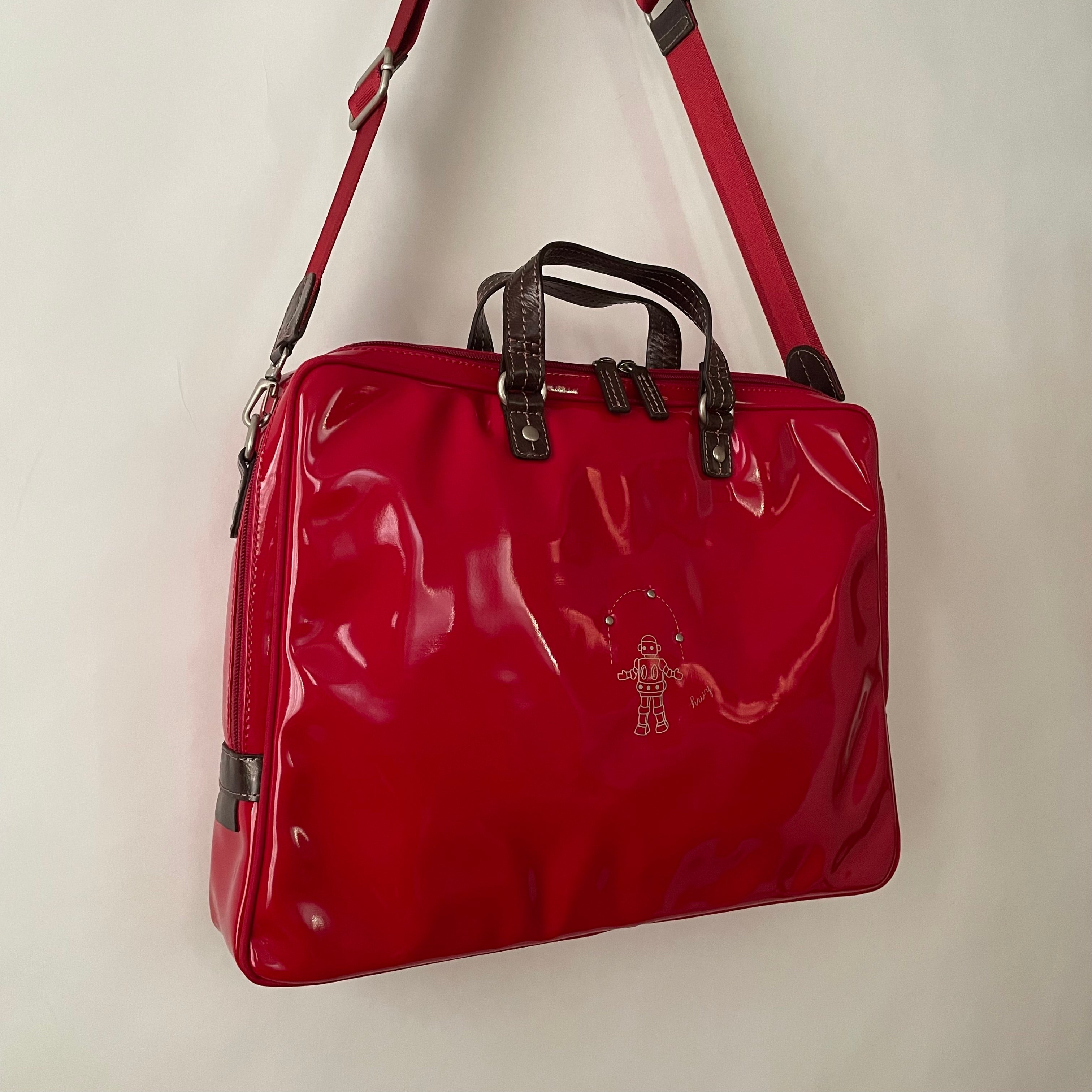 Premium Collection | Large Vegan Enamel Leather Briefcase with Genuine Leather Handles & Juggling Robot Print | Red